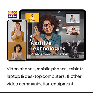 a photograph demonstrating a phone and tablet using video communication. It includes text description of AT Video communication equipment-Video phones, mobile phones, tablets, laptop & desktop computers, & other video communication equipment.